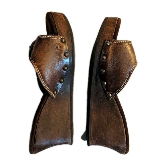 Steve Madden Drill Wood Wedge Leather Open Slip-On Sandals Platform Buckle 7B - Picture 9 of 12